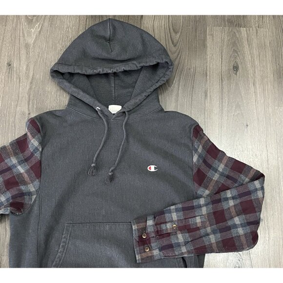 Champion Sweatshirt Plaid Flannel Sleeves Hoodie Gray Reverse Weave Mens Small - Picture 3 of 8